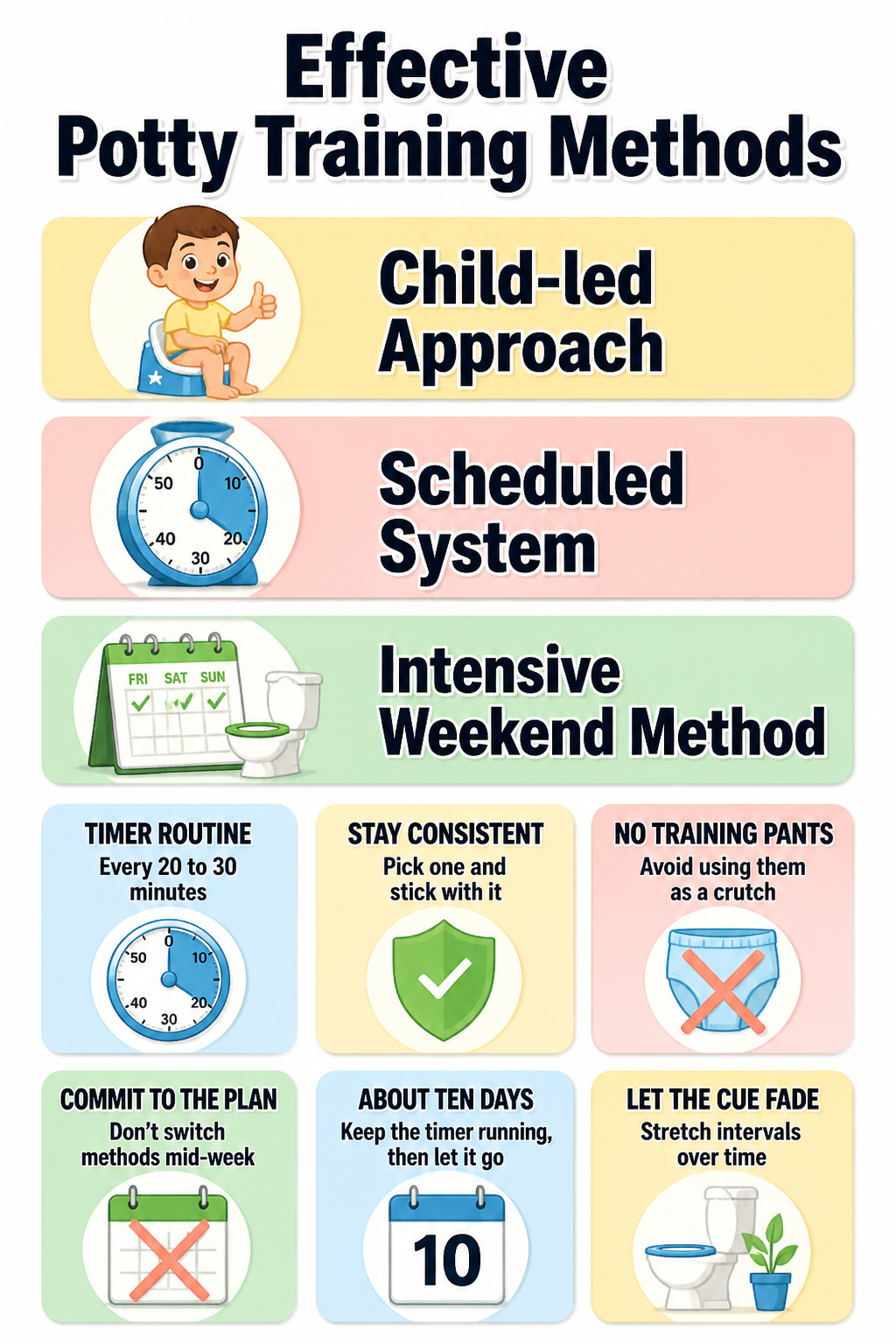 Potty Training Essentials: Gear, Tips and Supplies (2026) 16 An information image outlining effective potty training methods.