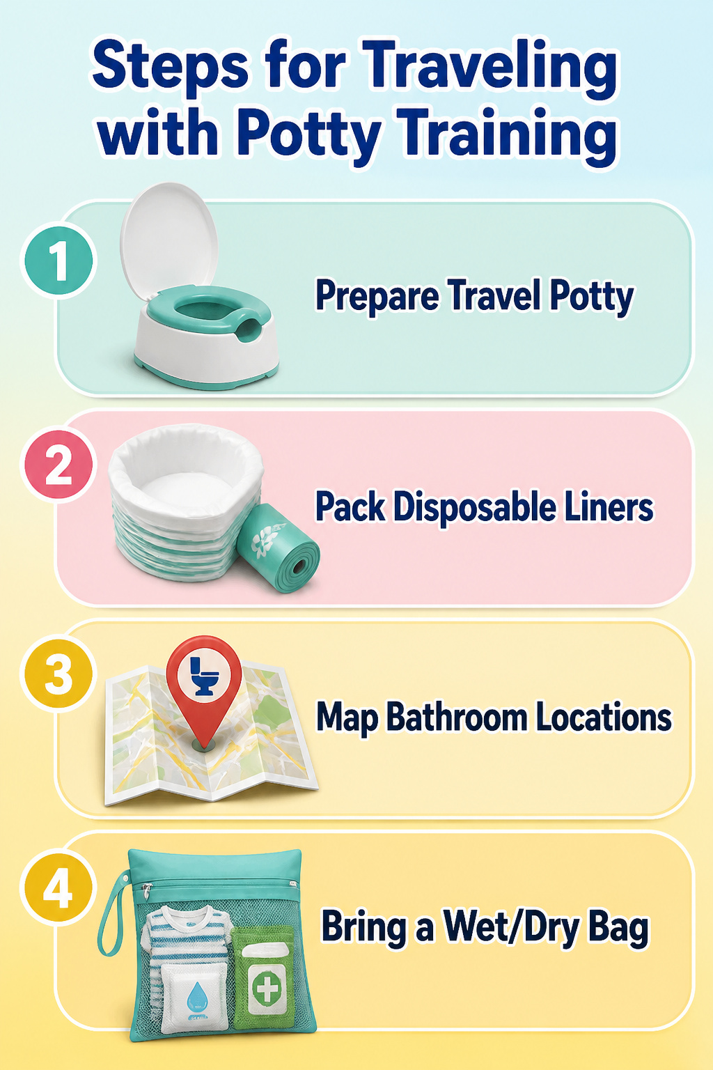 Potty Training Essentials: Gear, Tips and Supplies (2026) 19 Steps for traveling with potty training supplies displayed visually.