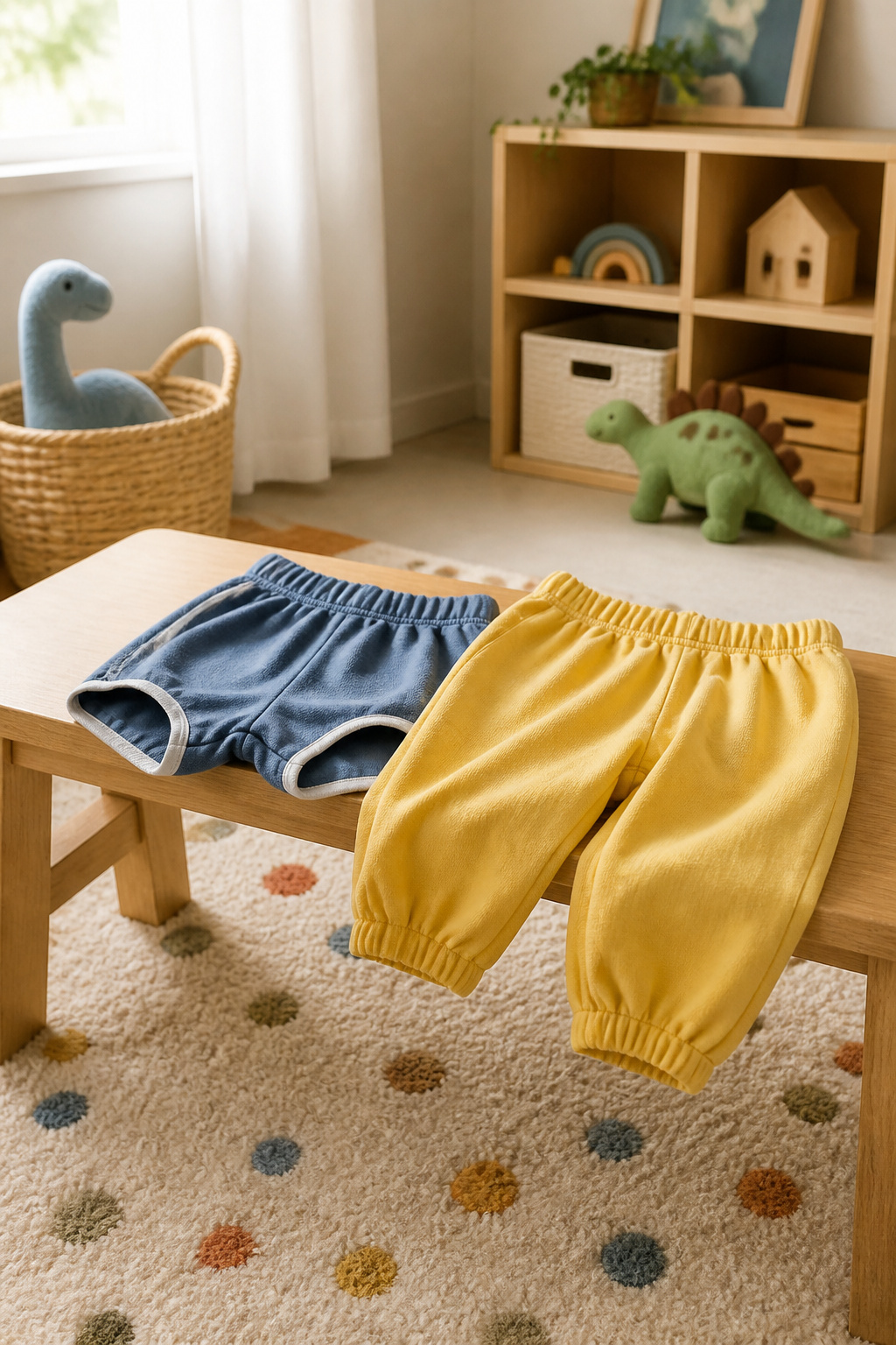 Potty Training Essentials: Gear, Tips and Supplies (2026) 7 A pair of pull-on shorts and pants displayed on a bench.