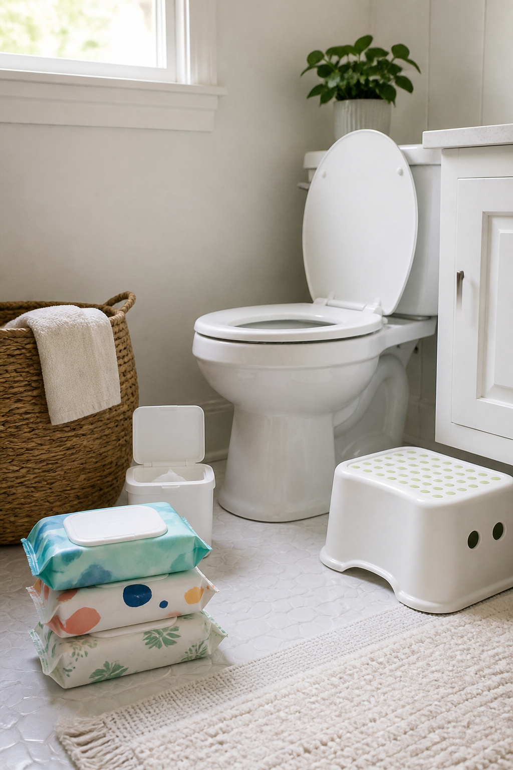 Potty Training Essentials: Gear, Tips and Supplies (2026) 8 A selection of flushable wipes beside a clean toilet.