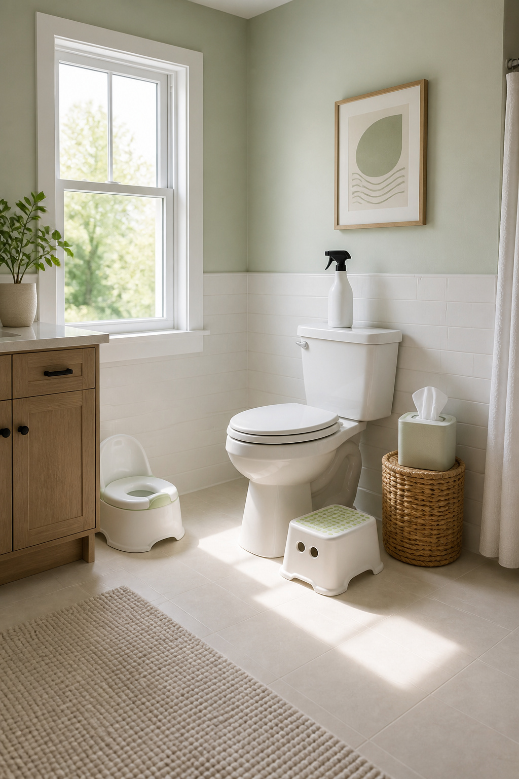 Potty Training Essentials: Gear, Tips and Supplies (2026) 9 A disinfectant spray bottle placed on the back of a toilet.