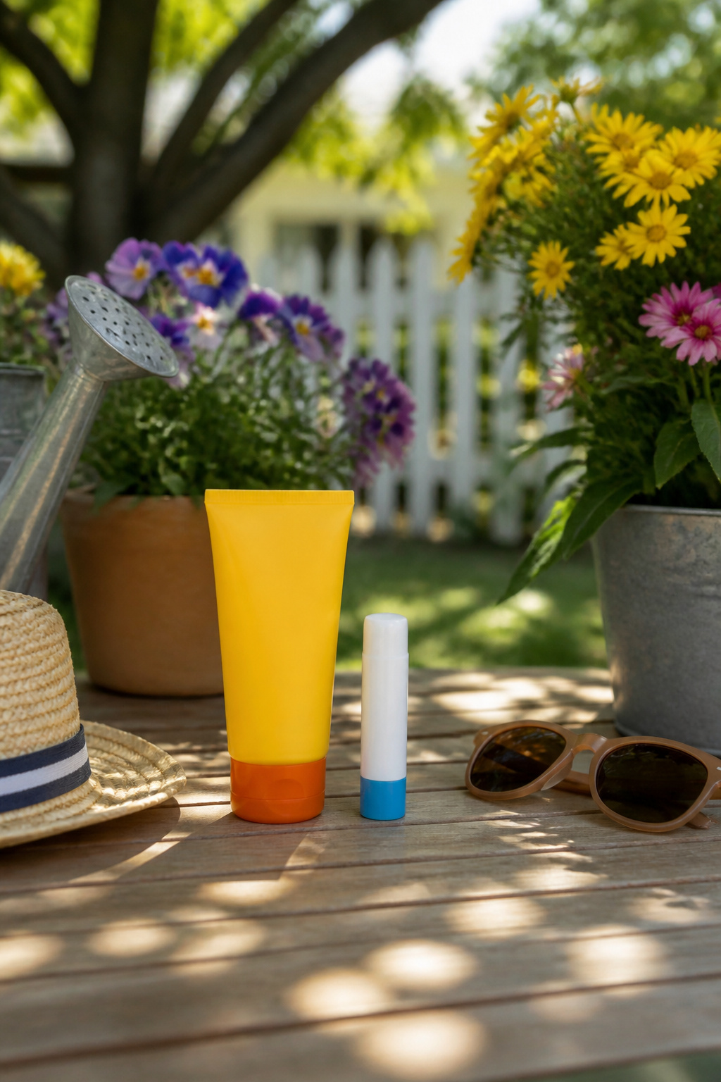 Bottles of sunscreen and lip balm are arranged on a sunny outdoor table.