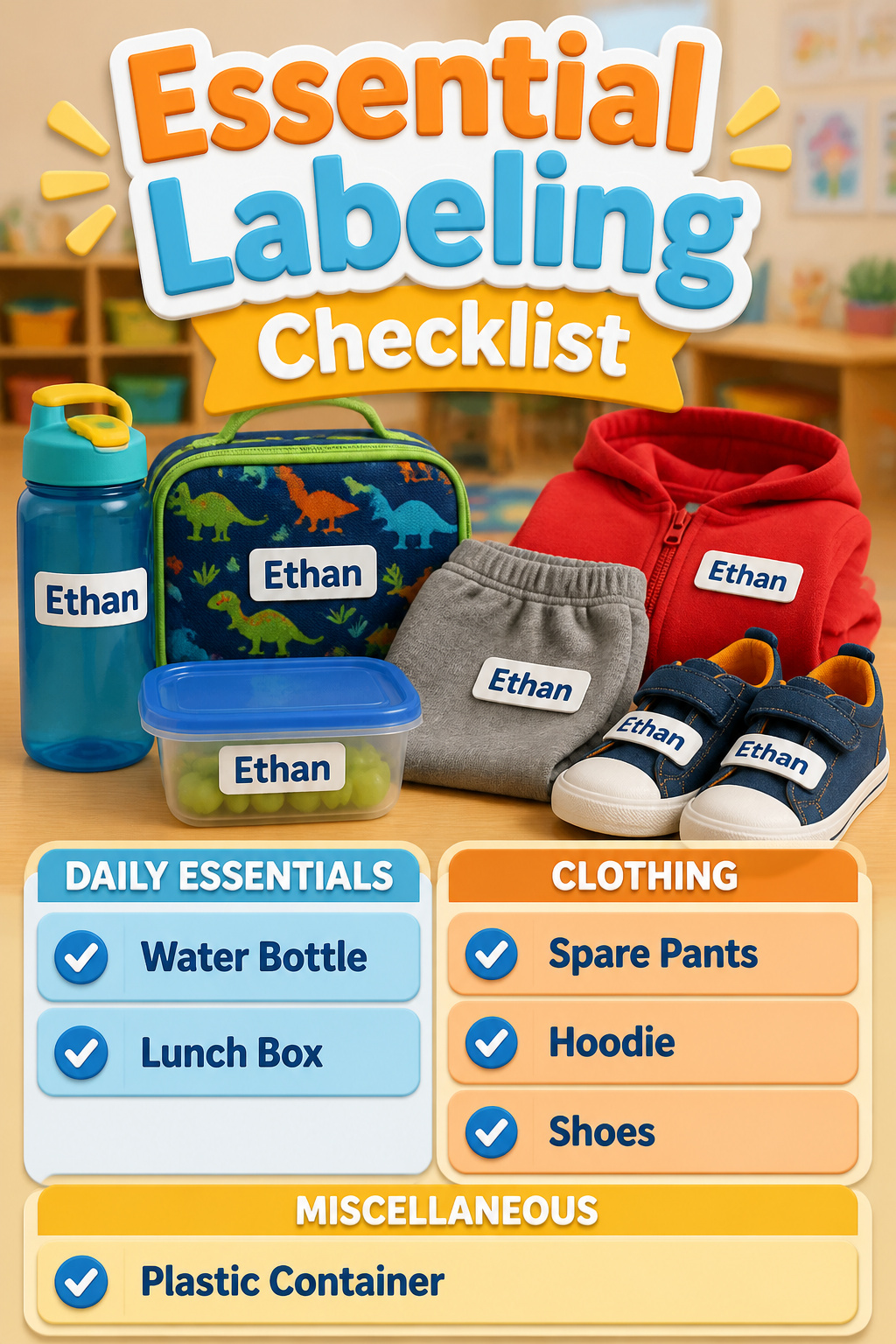 An essential labeling checklist for preschool items displayed on a table.