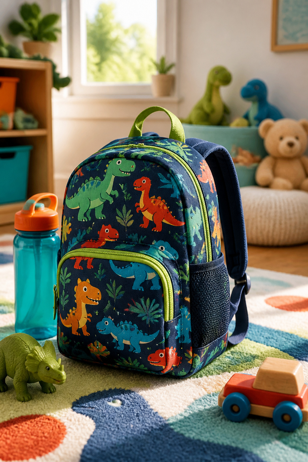 A small, colorful backpack with adjustable straps sits on a table.