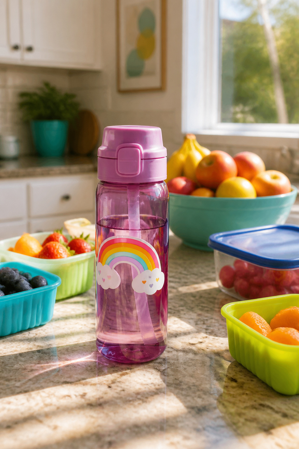 A colorful water bottle with a flip top sits on a kitchen counter.