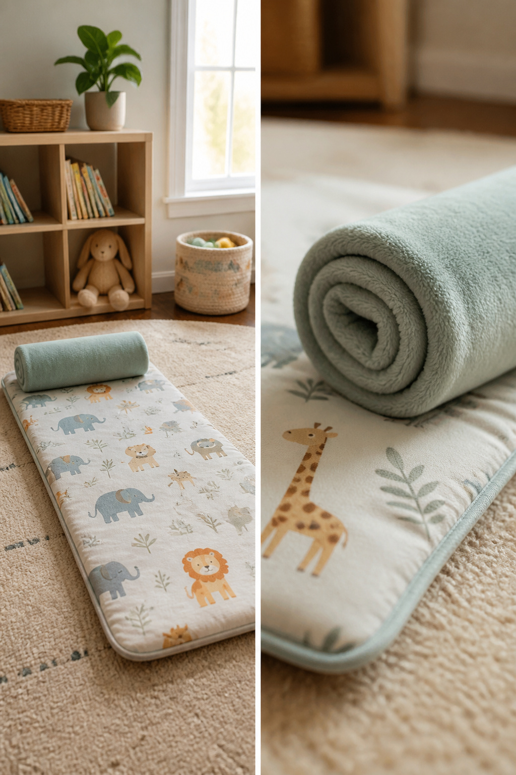A small blanket and fitted crib sheet arranged on a nap mat.