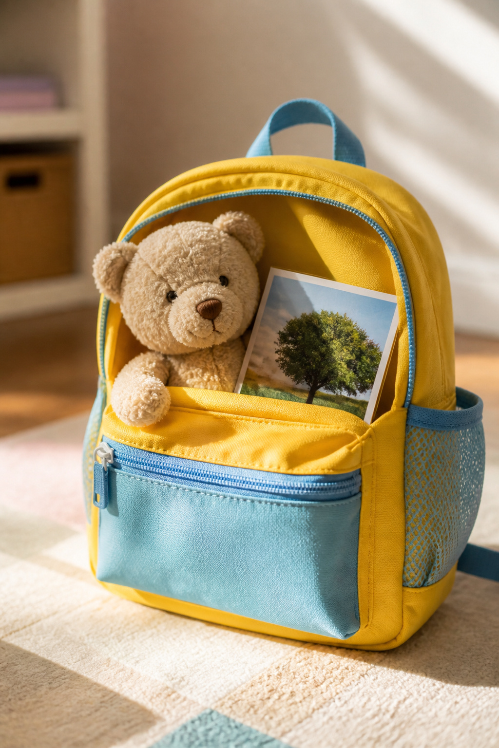 A small stuffed toy and a laminated family photo are tucked in a backpack.