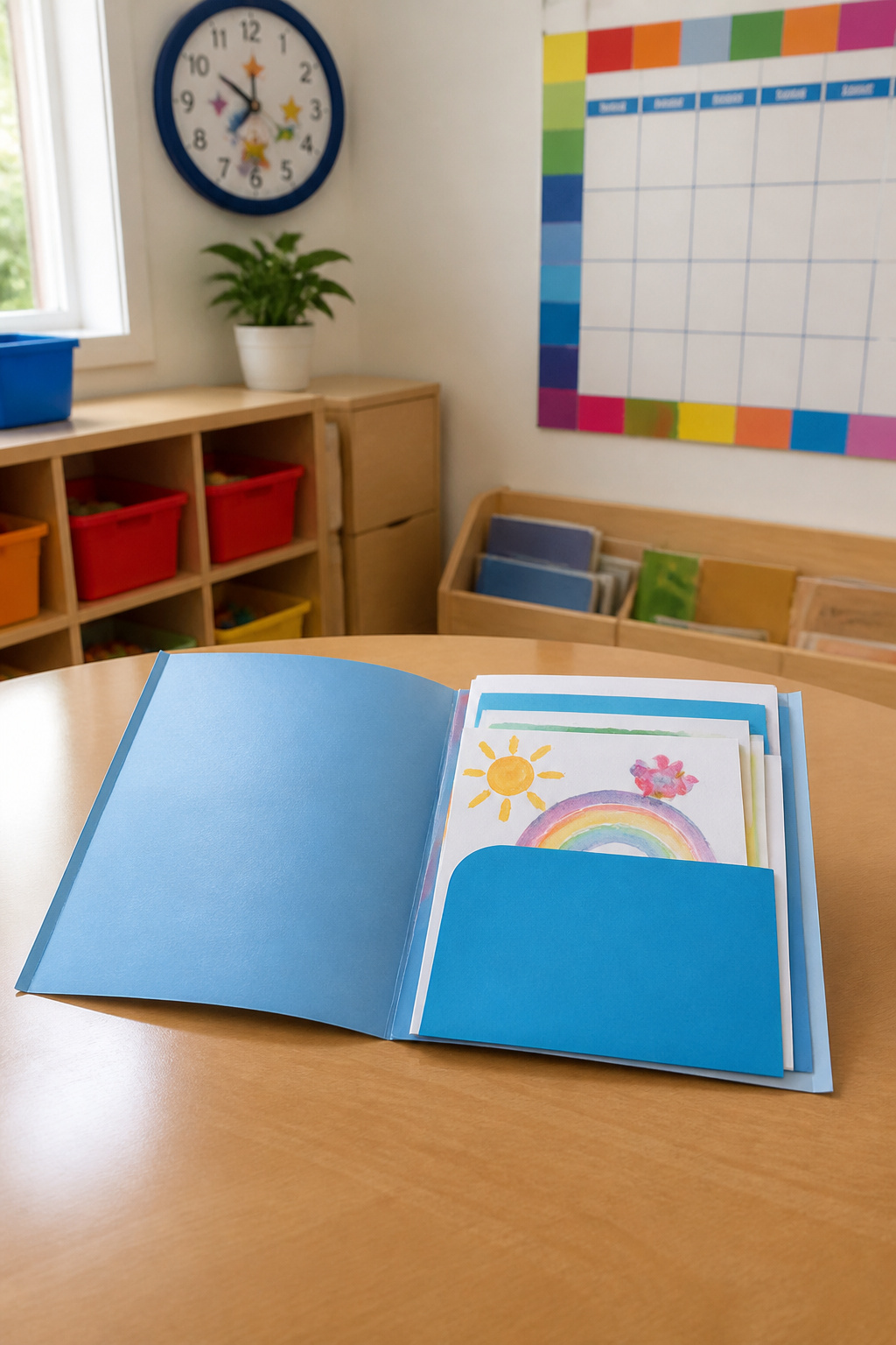 An open folder displaying organized papers and art projects on a table.