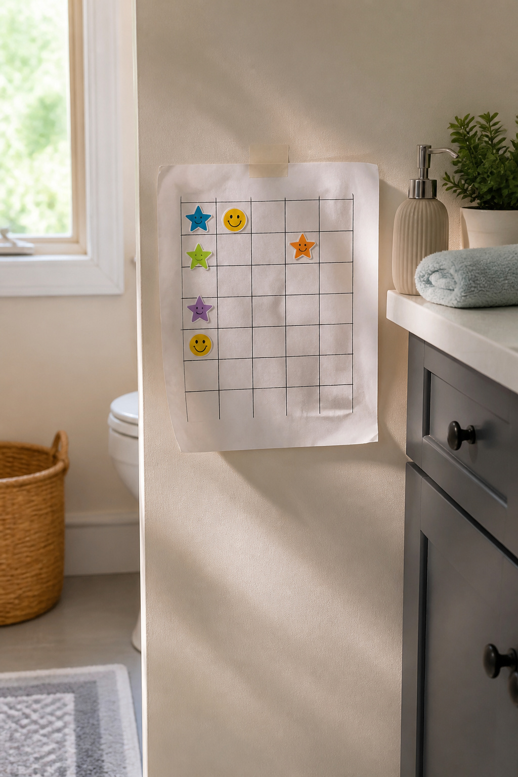 Printable Potty Charts: Types, Rewards and Setup Guide (2026) 1 A handwritten basic grid potty training chart with stickers.
