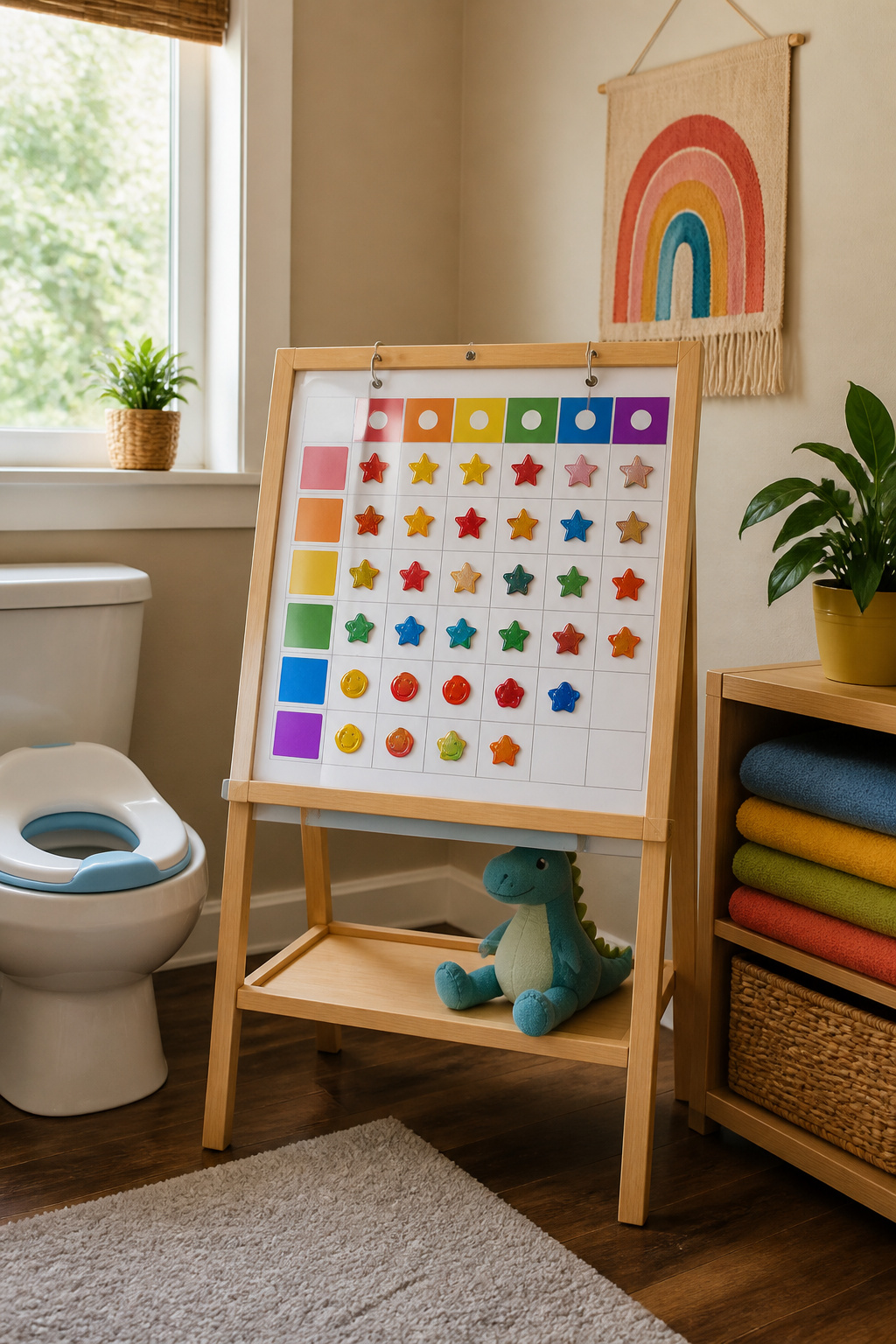Printable Potty Charts: Types, Rewards and Setup Guide (2026) 3 A colorful laminated reward chart with stickers for potty training.