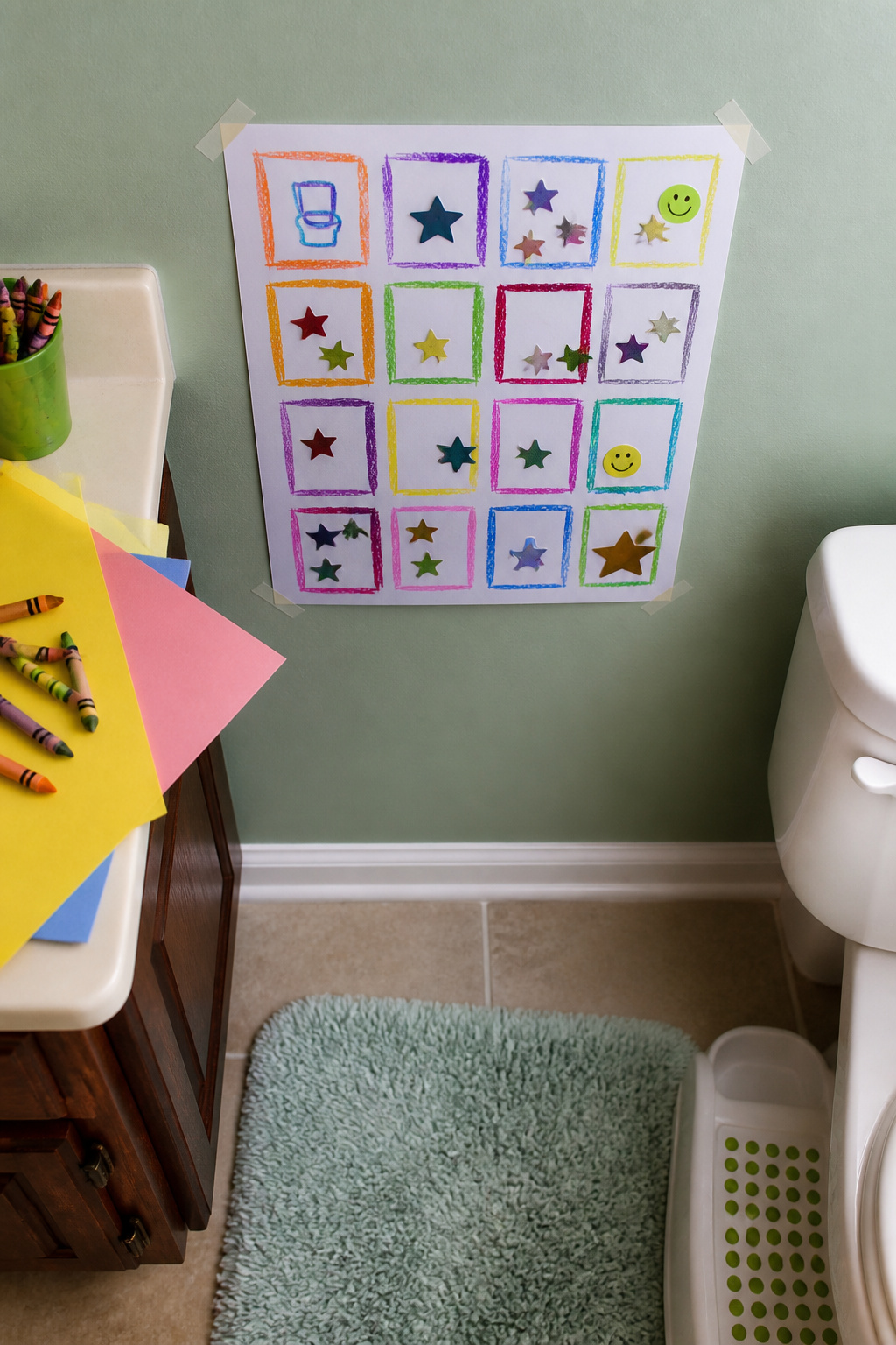 Printable Potty Charts: Types, Rewards and Setup Guide (2026) 4 A handmade potty chart decorated with crayons and stickers.