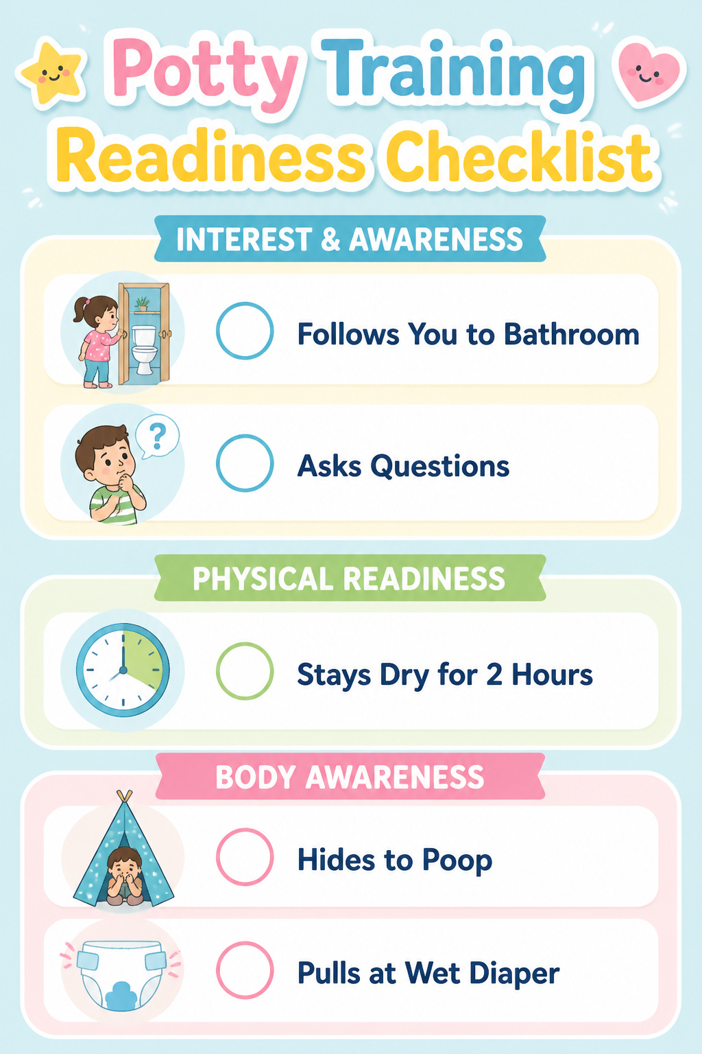 Printable Potty Charts: Types, Rewards and Setup Guide (2026) 8 A potty training readiness checklist for parents.