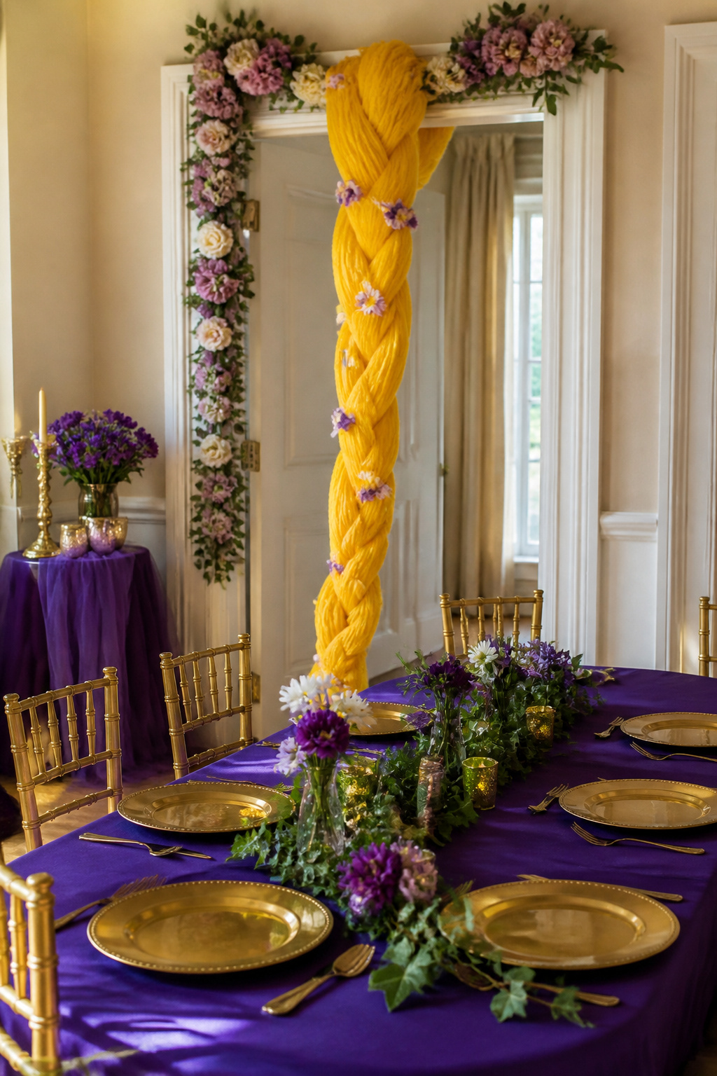 Yellow yarn braid and purple tablecloth in a decorated party space.