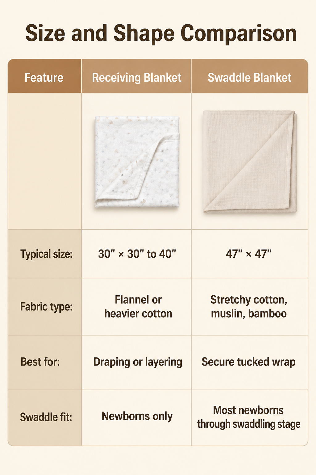 Size comparison of a receiving blanket and a swaddle blanket.