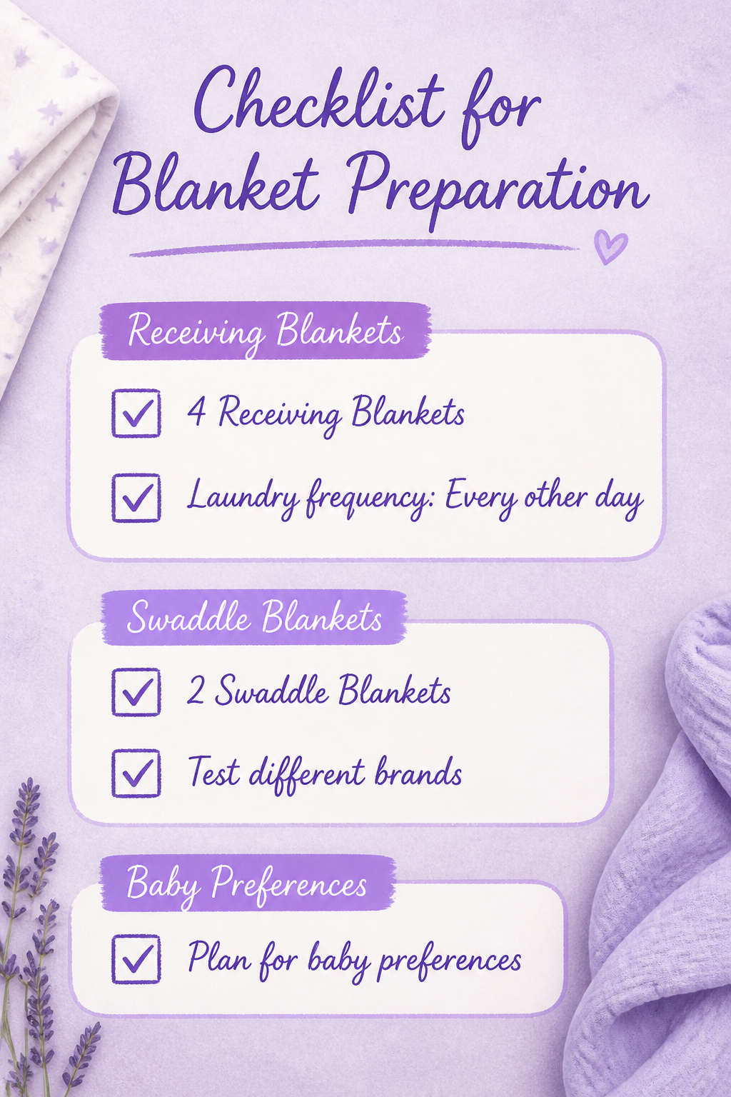 Checklist for purchasing receiving and swaddle blankets.