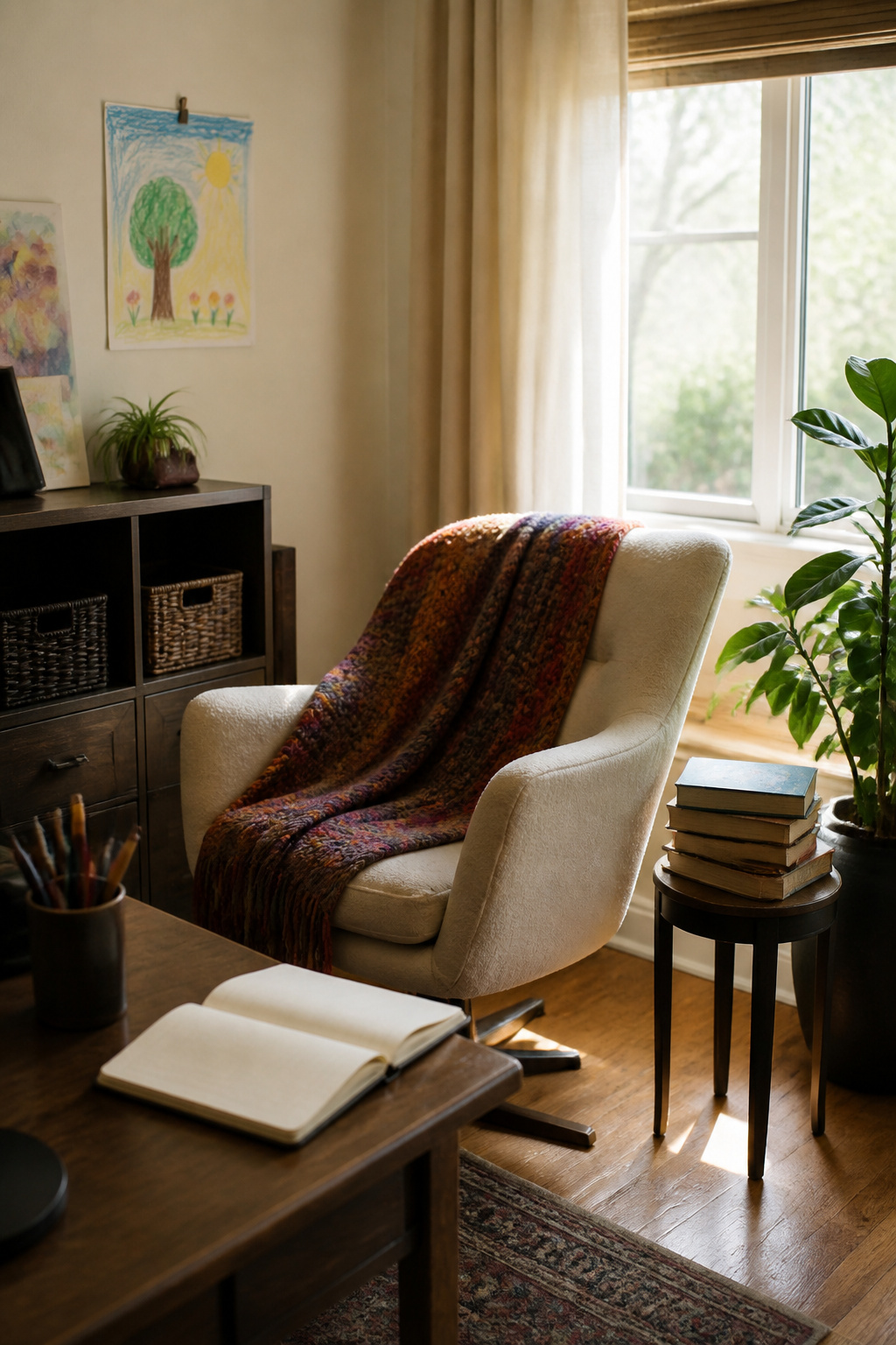 7 Steps to Reparenting Yourself: A Research-Based Guide (2026) 1 A cozy chair, a stack of books, and a child's drawing on the wall.