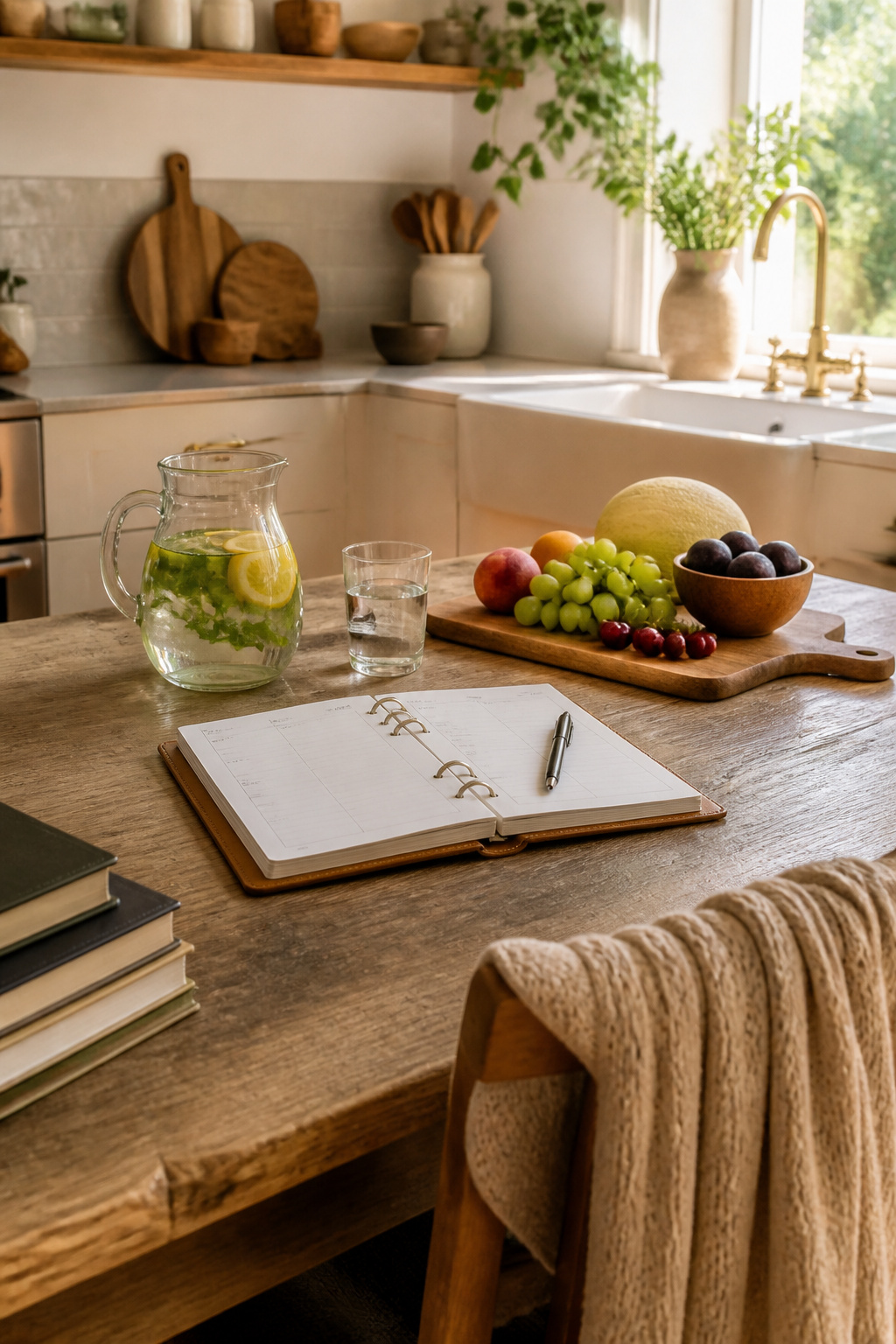 7 Steps to Reparenting Yourself: A Research-Based Guide (2026) 11 A planner on a kitchen counter next to a pitcher and fresh fruits.