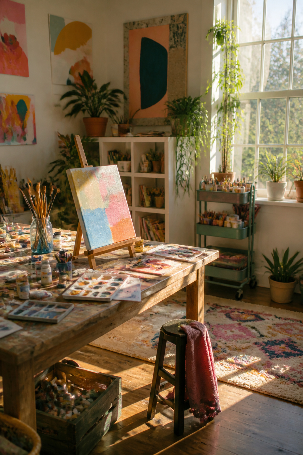 7 Steps to Reparenting Yourself: A Research-Based Guide (2026) 6 A table filled with art supplies and colorful artwork on the walls.