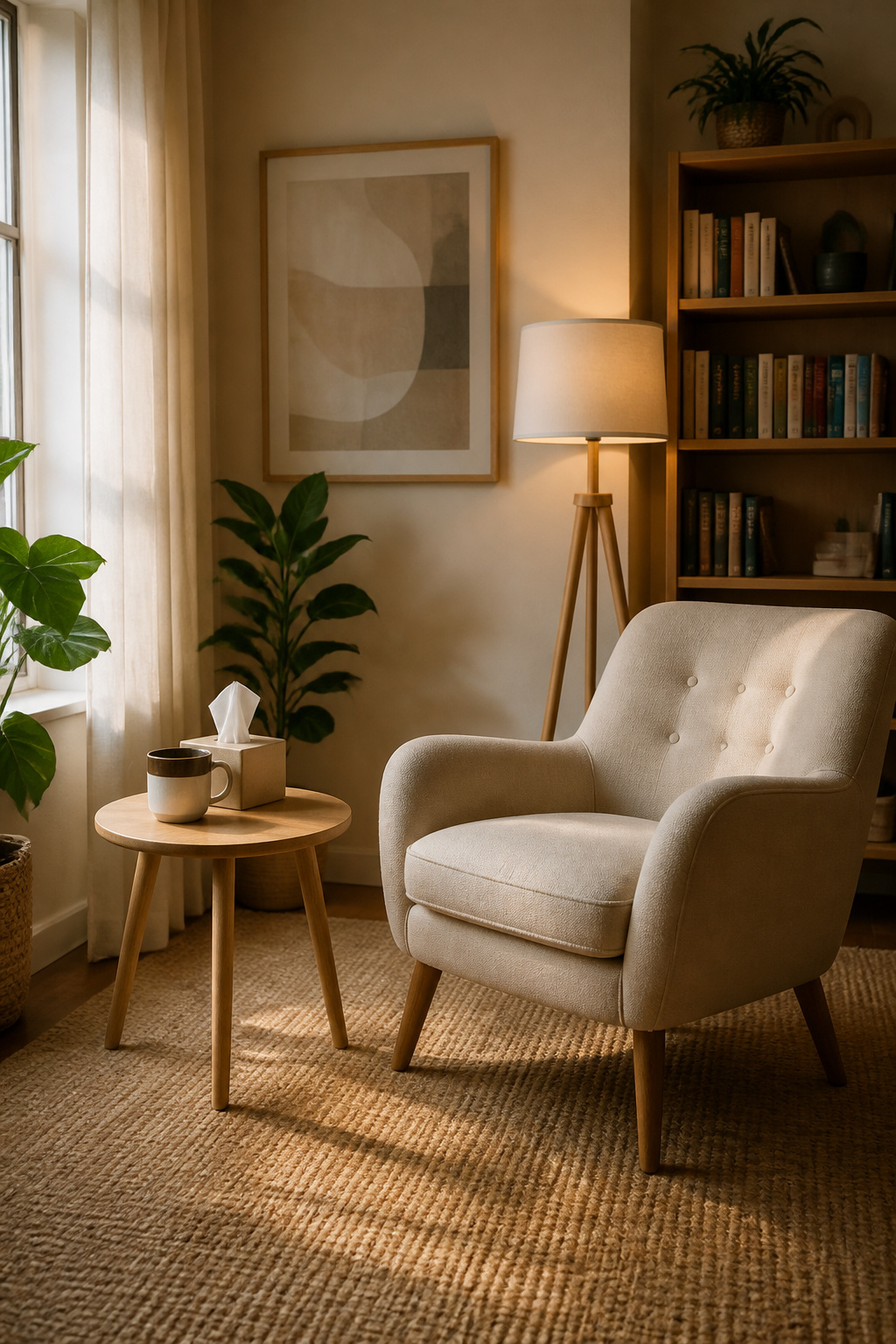 7 Steps to Reparenting Yourself: A Research-Based Guide (2026) 7 A therapy chair next to soft lighting, books, and a welcoming mug.