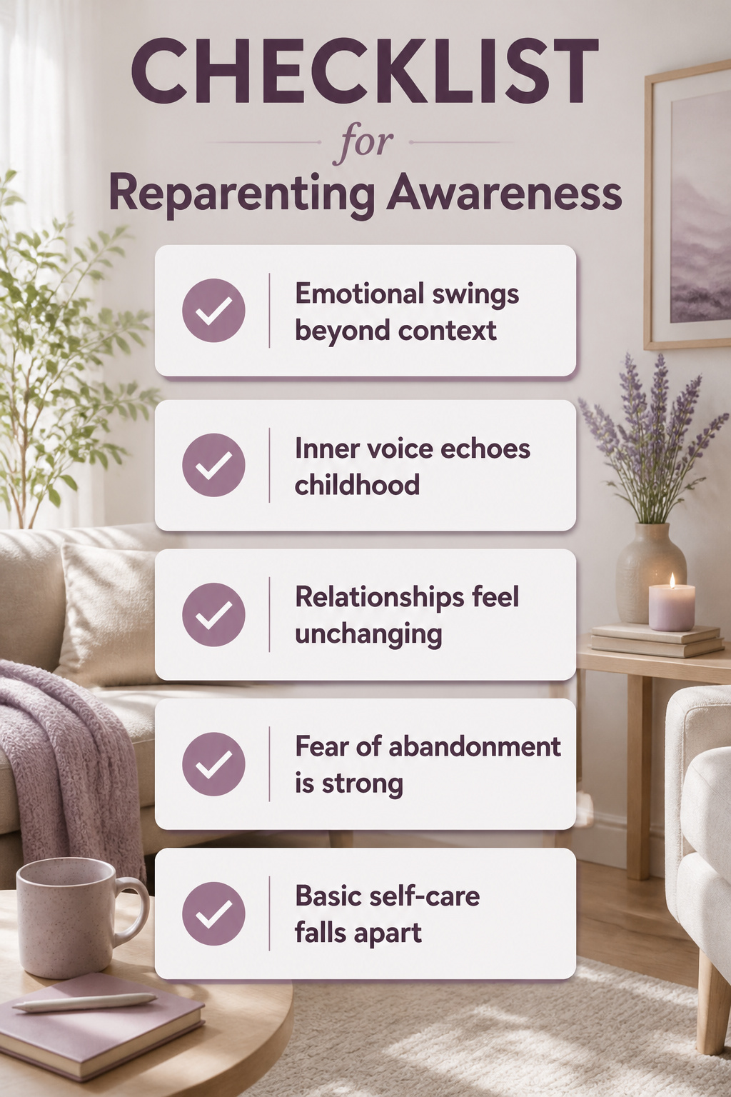 7 Steps to Reparenting Yourself: A Research-Based Guide (2026) 8 A checklist for reparenting awareness displayed on a table or wall.
