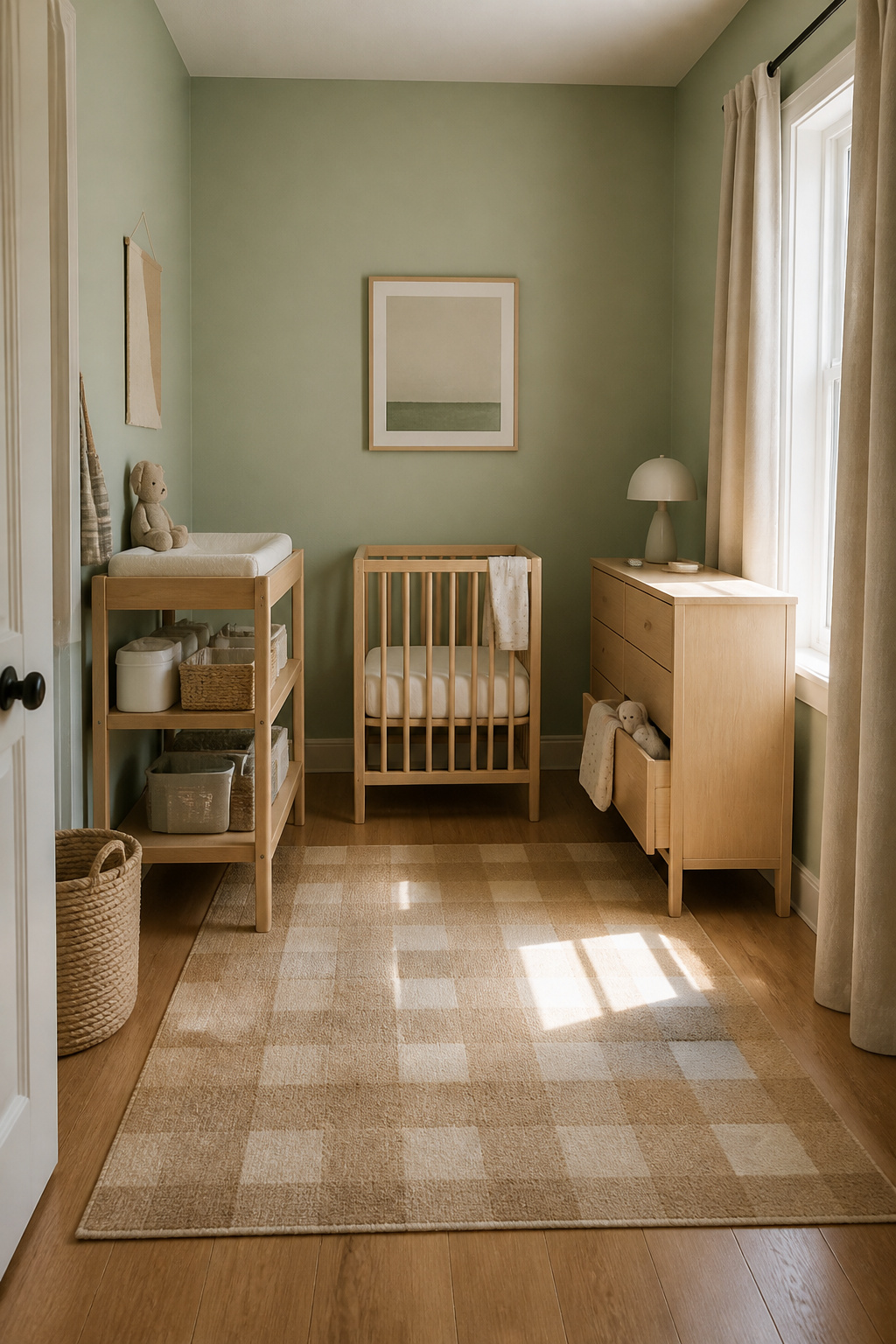 A mini crib in a small nursery with a dresser nearby.