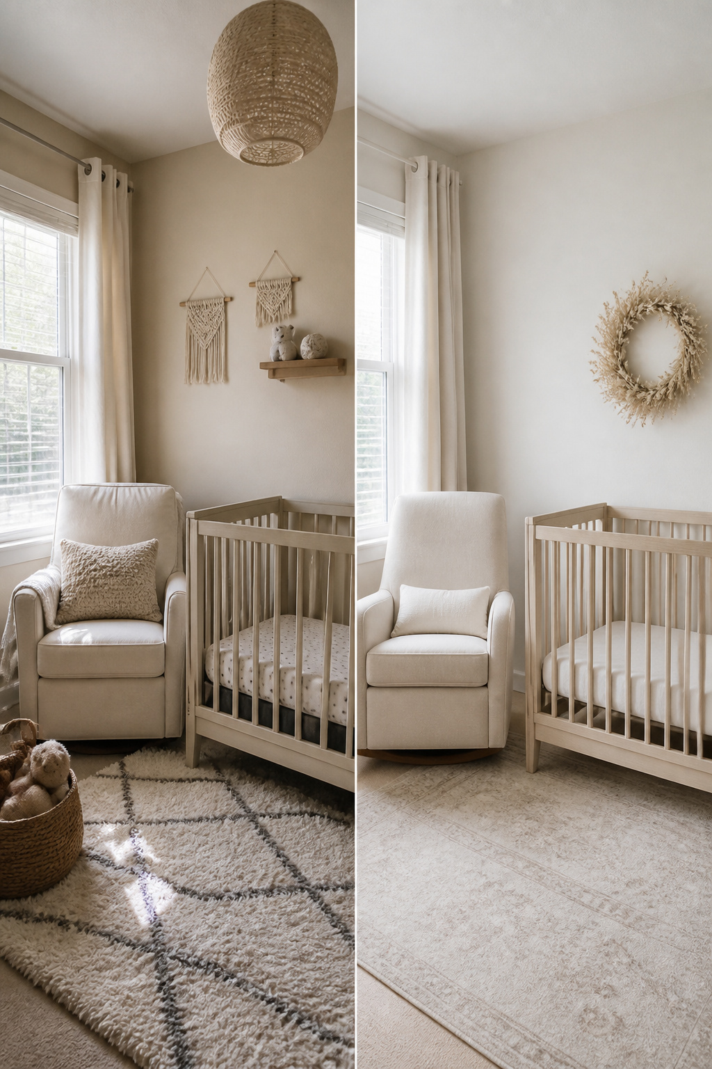 A small nursery painted in soft warm white and light gray.