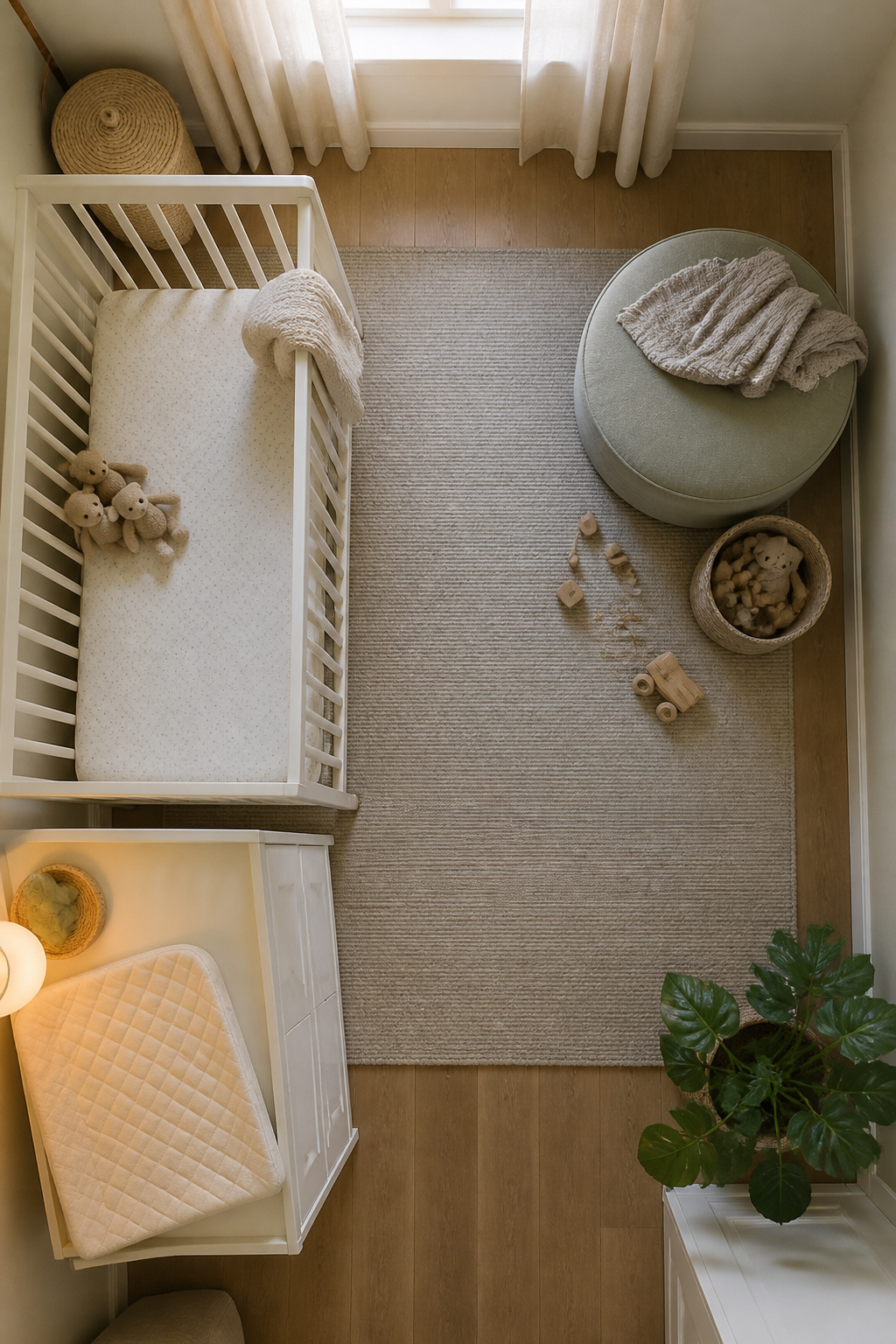 A crib serving as a central point in a small nursery layout.