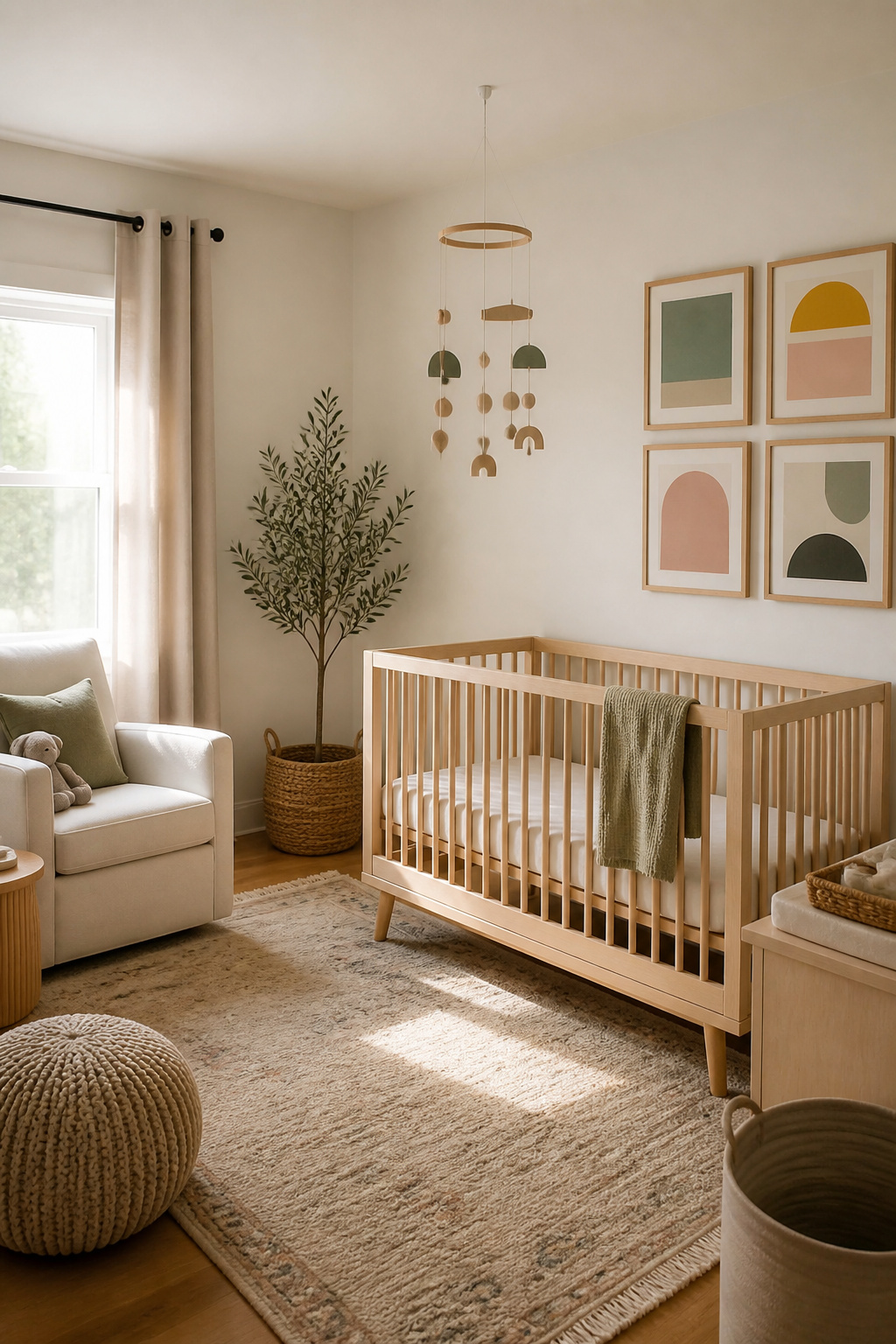 A mobile and colorful wall art displayed in a nursery.