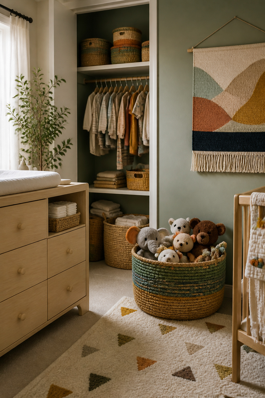 Colorful woven baskets arranged around a changing table in a nursery.