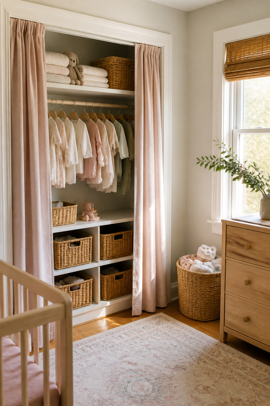A closet with curtains instead of doors in a small nursery.