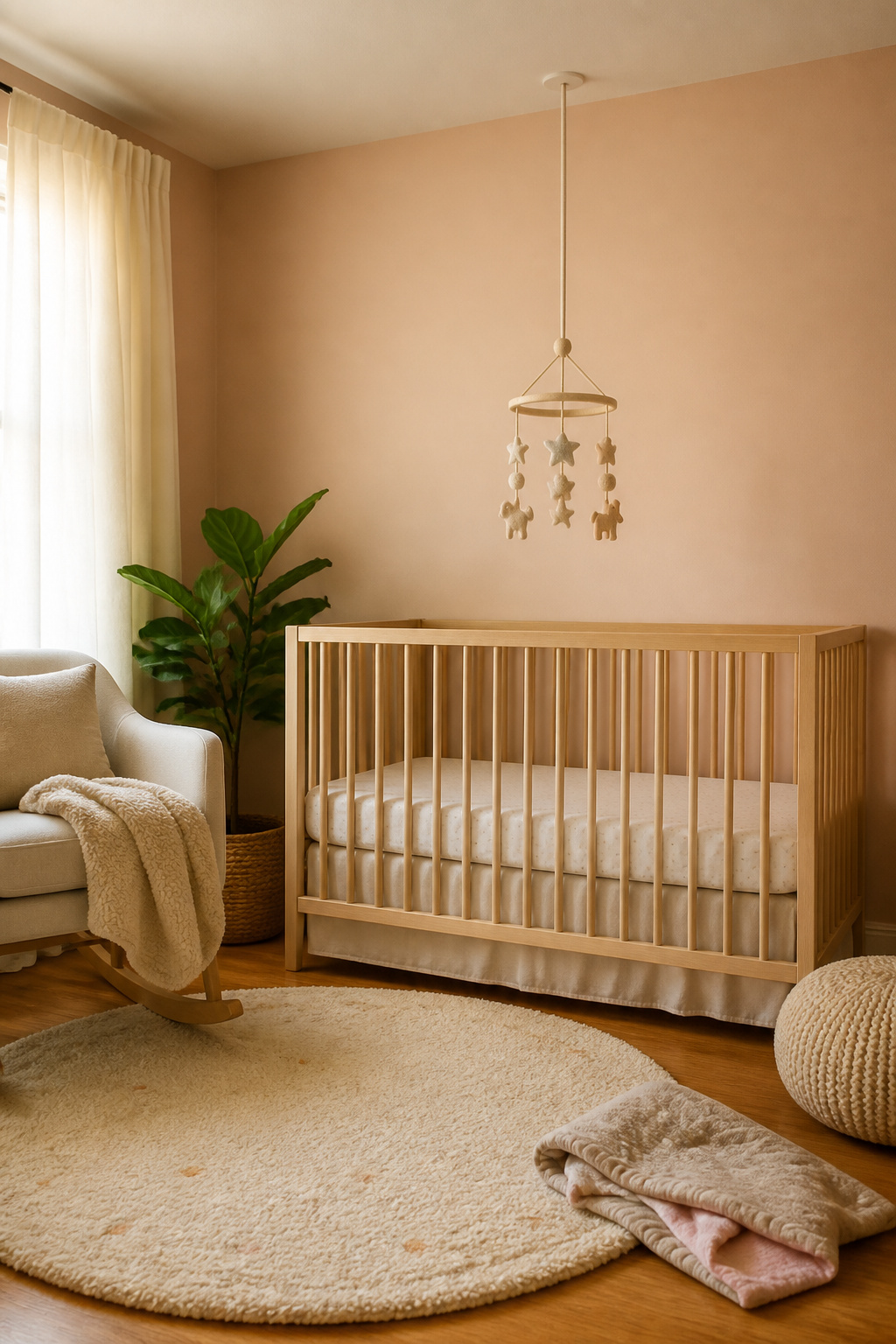 A mobile positioned above a crib in a nursery with pastel walls.