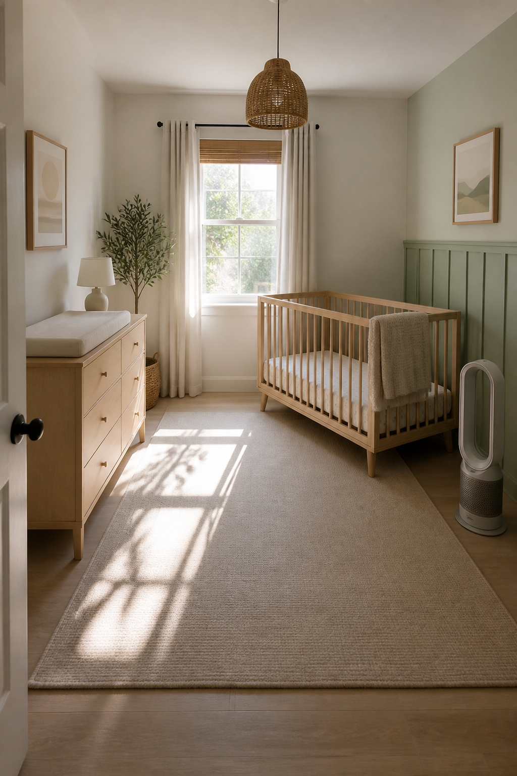 A crib placed in the corner of a nursery with a fan nearby.