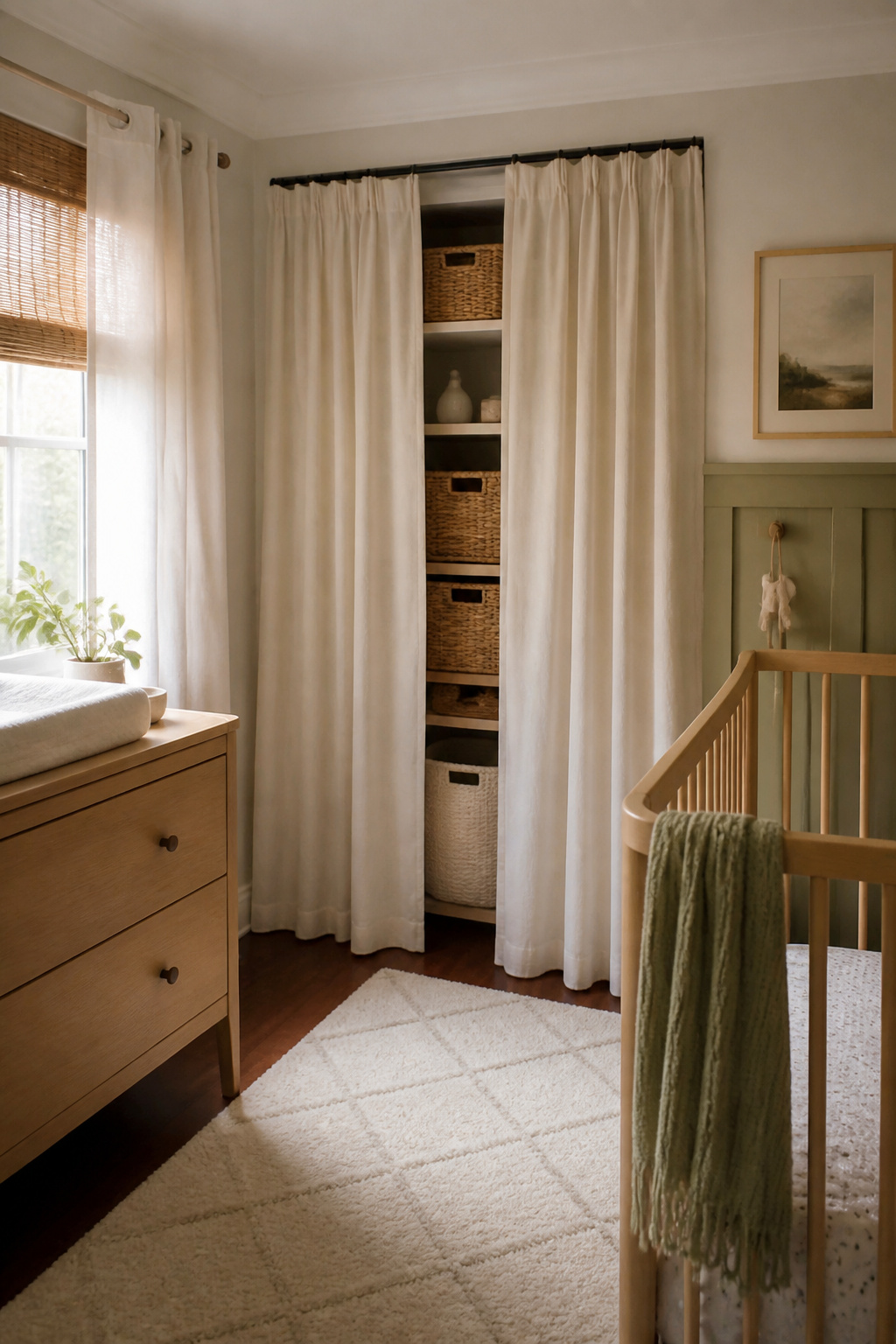Medium-weight cotton curtains draping over a closet in a nursery.