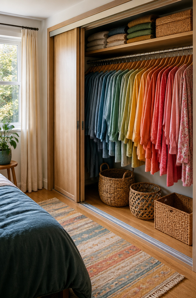 Small Room Organization Bedroom Guide for Tight Spaces 5 A closet with neatly hung clothes arranged by color.