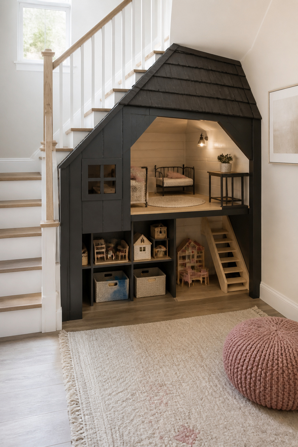 Under Stairs Playhouse Ideas for 2026 8 Under stairs dollhouse play area with a black shingle roof and storage.