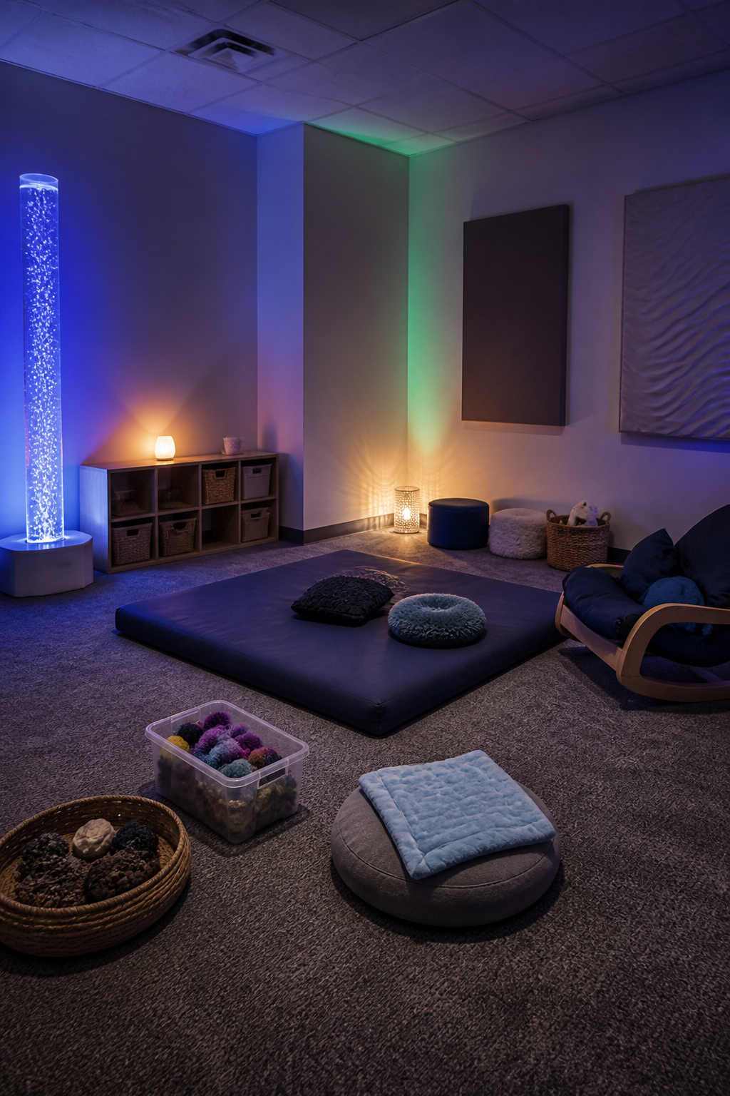 A sensory room equipped with calming elements like weighted lap pads.