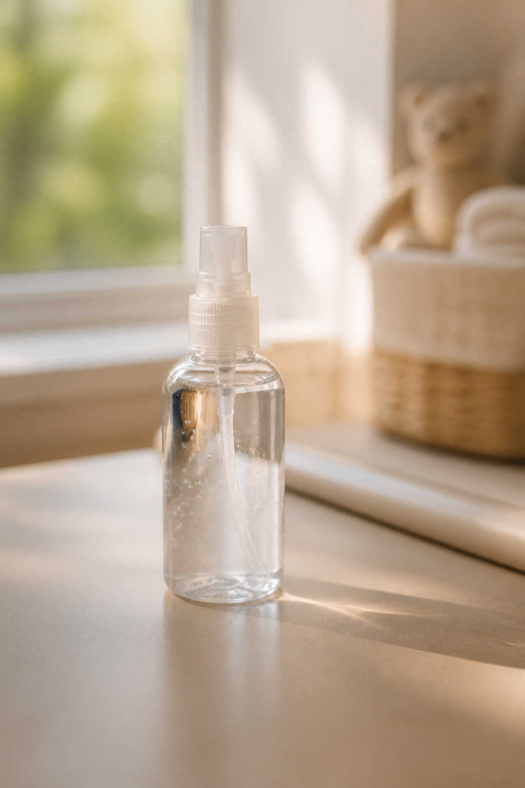 A small bottle of hand sanitizer in a diaper caddy.