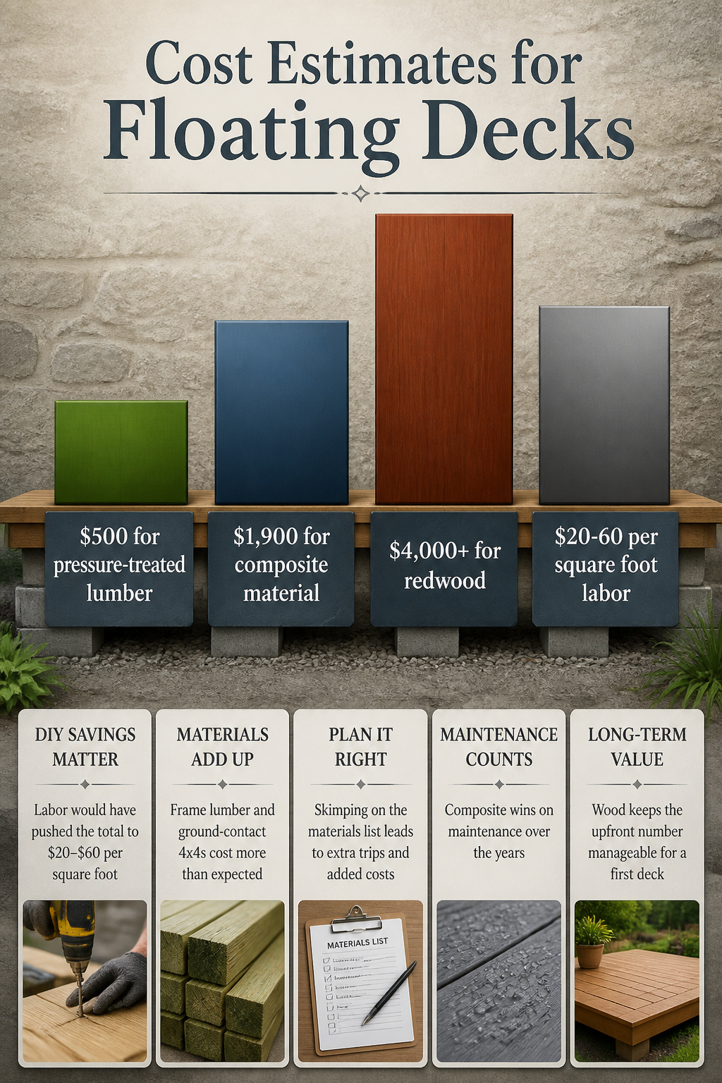 Cost breakdown for building a floating deck with pressure-treated lumber.