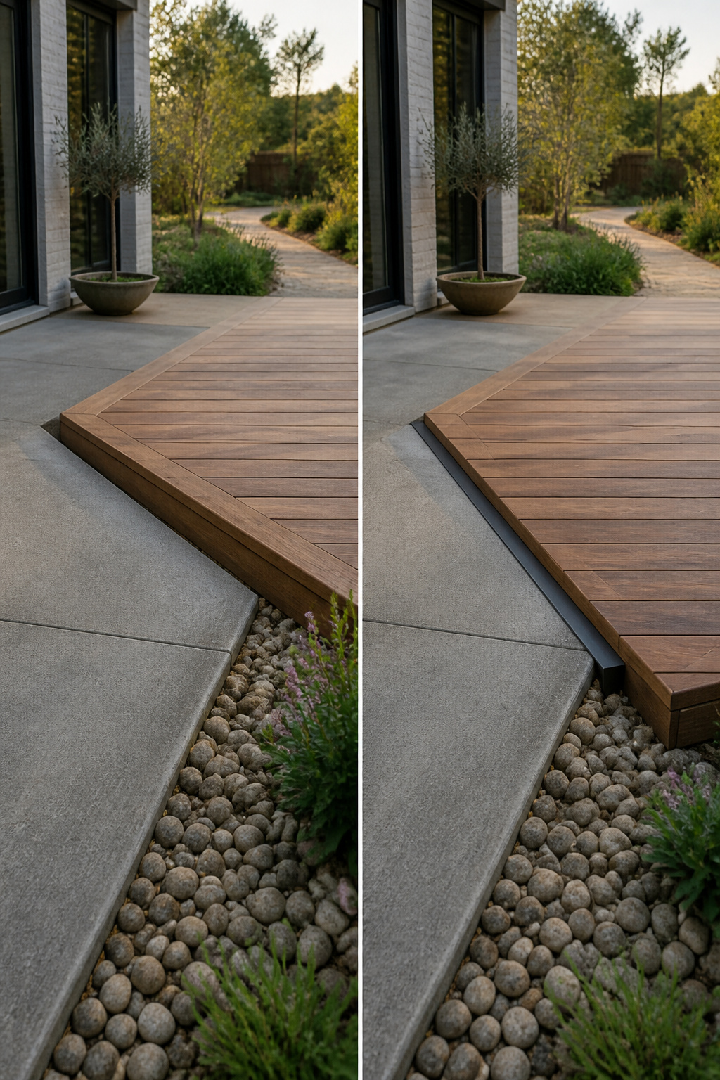 Image illustrating design options for extending a patio with a floating deck.