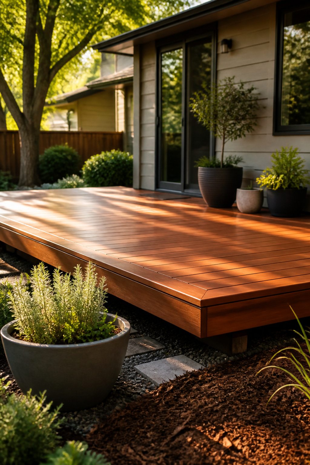 Completed floating deck with sealed wood surfaces and trimmed edges.