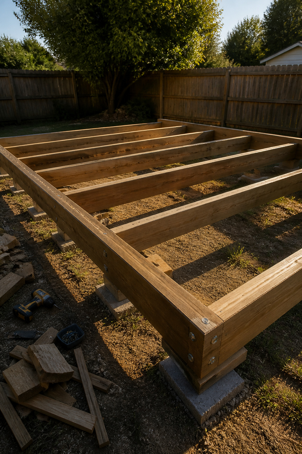 A wooden frame for a floating deck made from pressure-treated lumber.