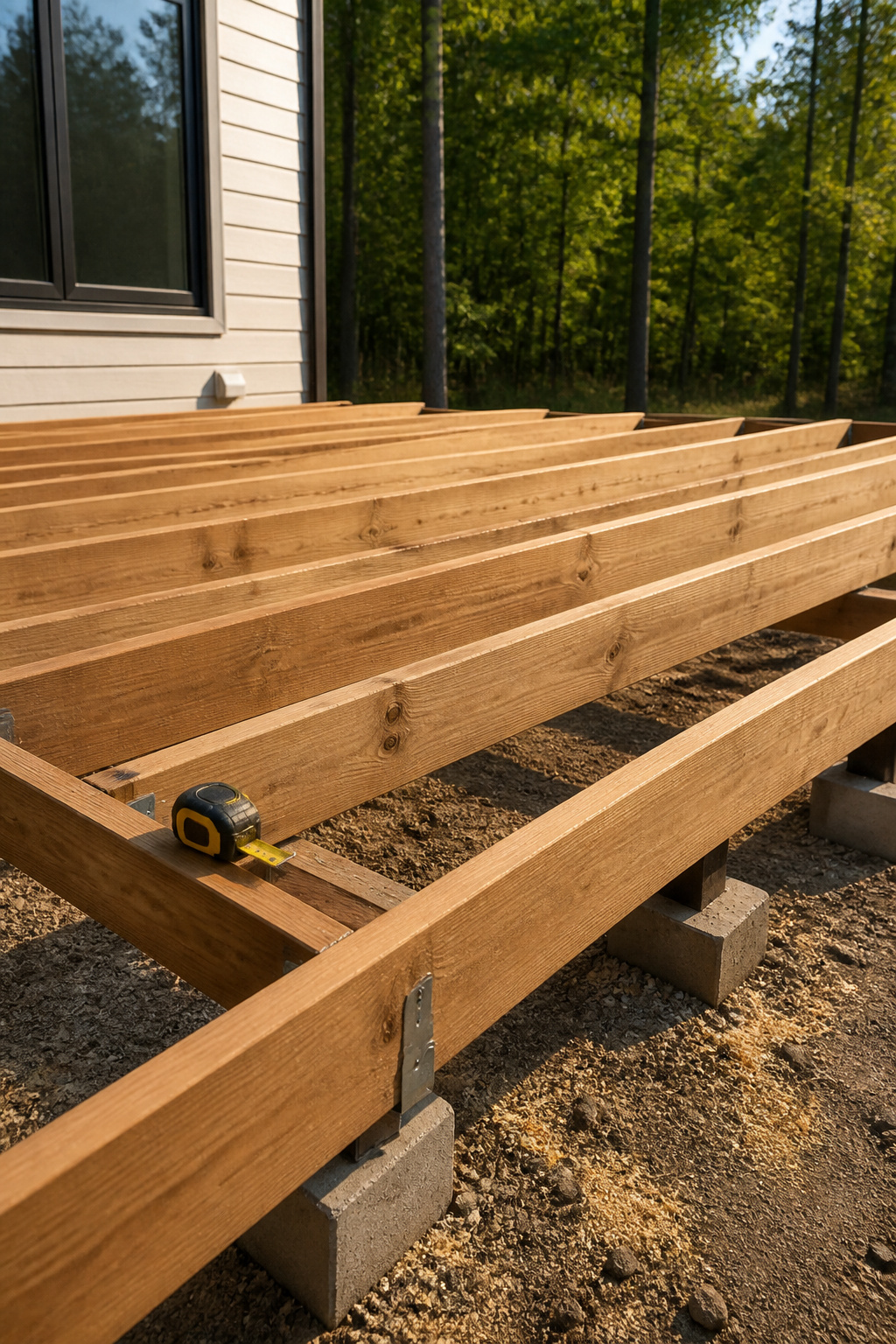 Joists positioned in metal hangers on a floating deck frame.