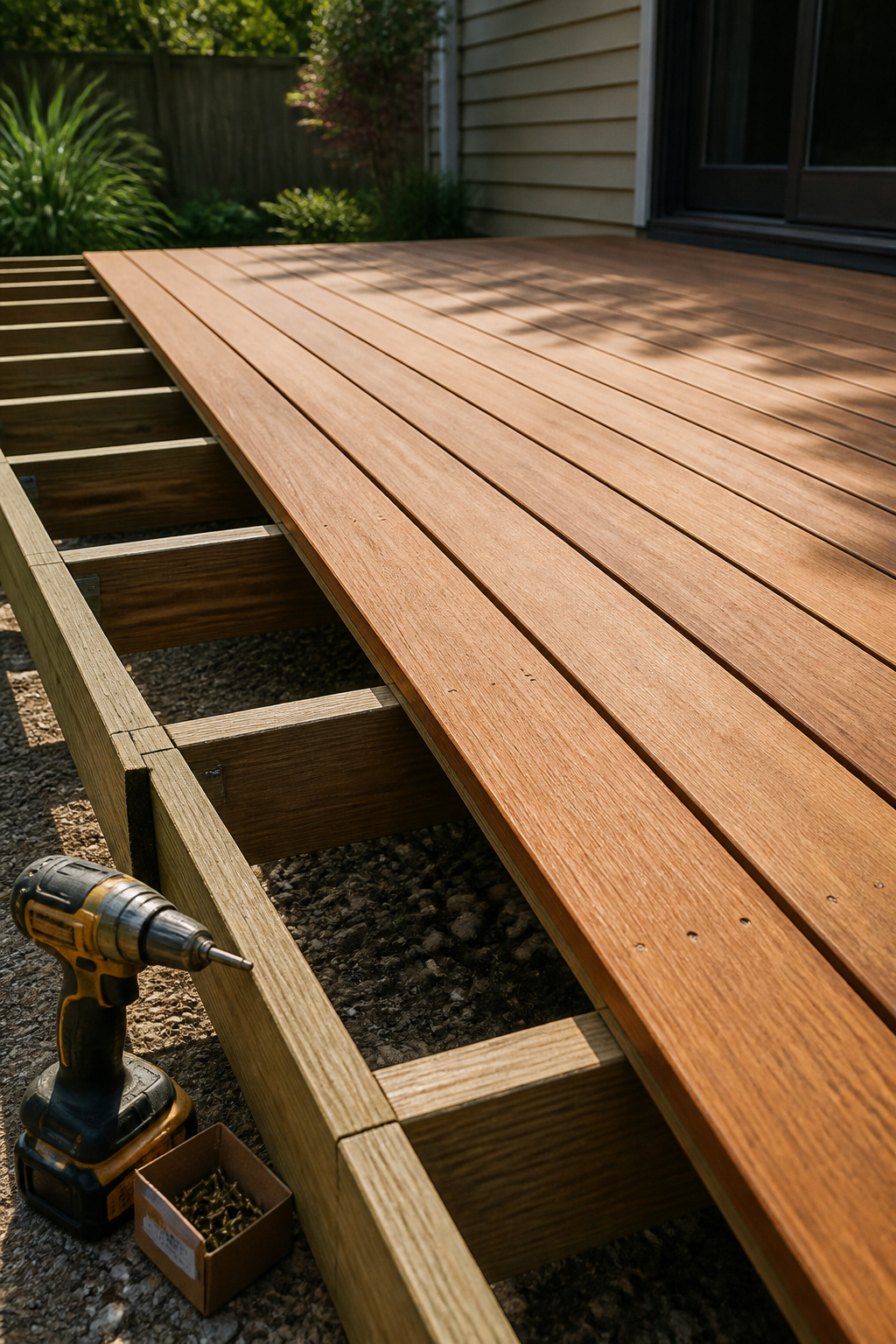 Deck boards placed on joists, with spacing for water drainage.