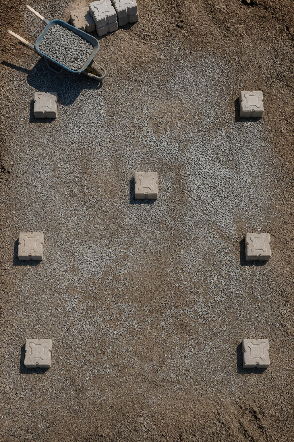 Concrete deck blocks placed at corners of a floating deck.