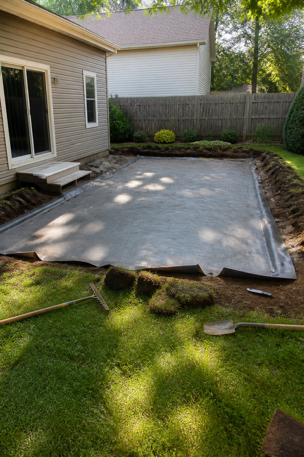 Ground prepared for a floating deck with landscape fabric over soil.