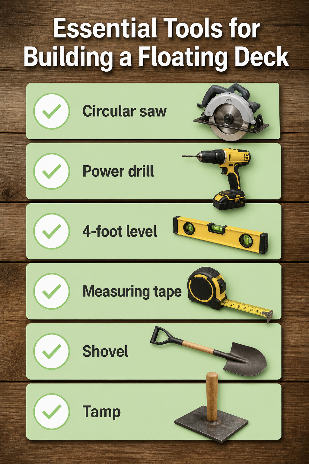 Tools required for constructing a floating deck, including a circular saw.