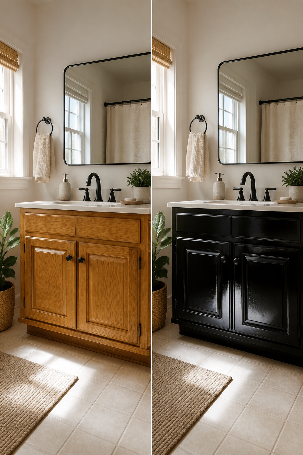 A black-painted bathroom vanity with a high-gloss finish.