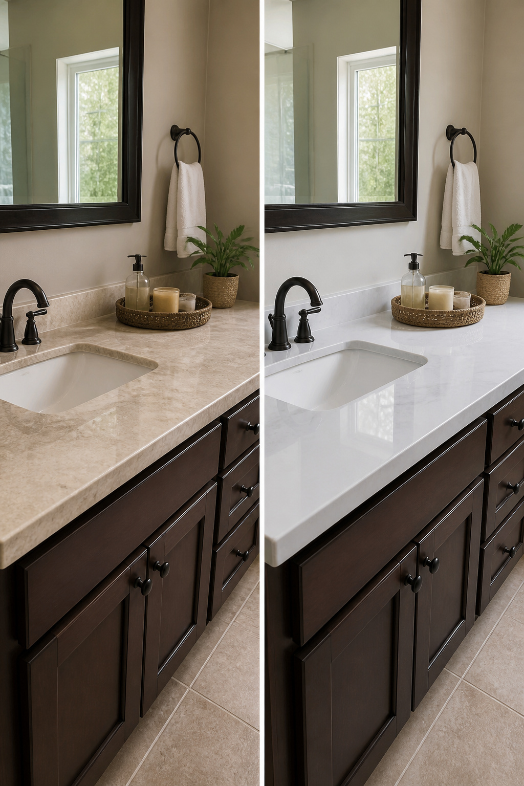 A bathroom vanity countertop with a fresh paint or epoxy finish.
