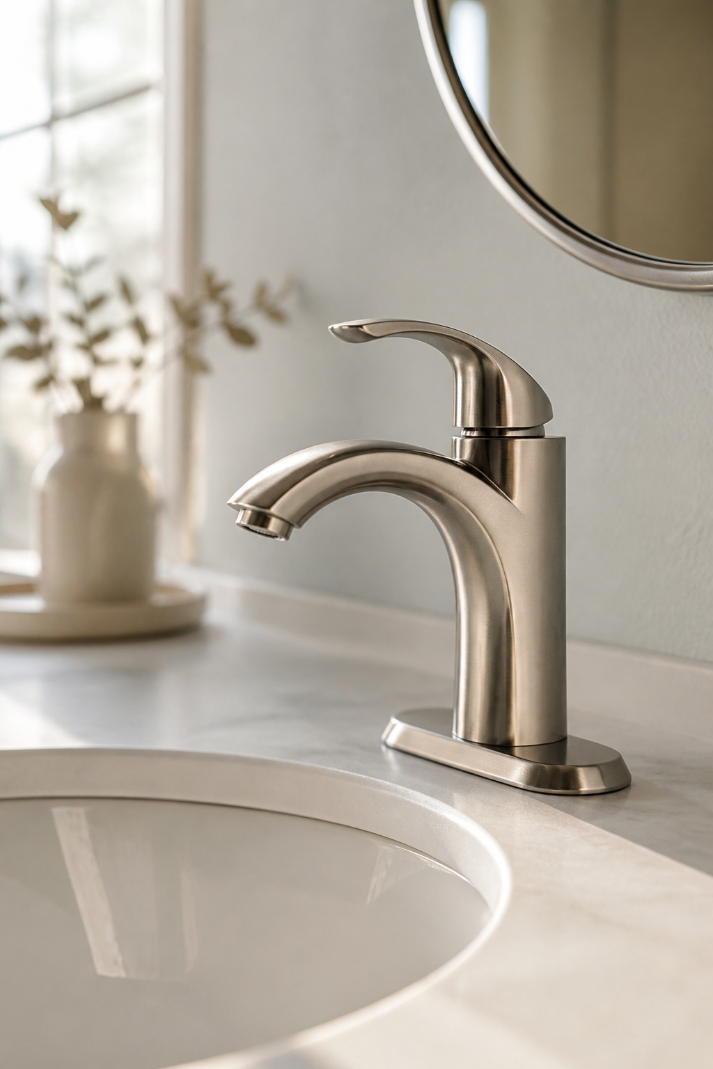 A contemporary faucet installed on a bathroom vanity.