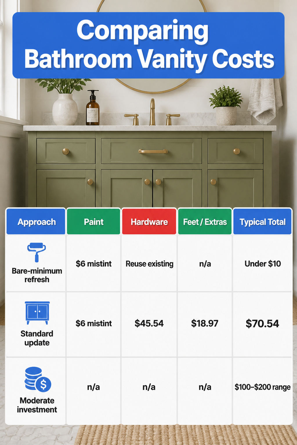 An infographic comparing costs of different bathroom vanity upgrades.